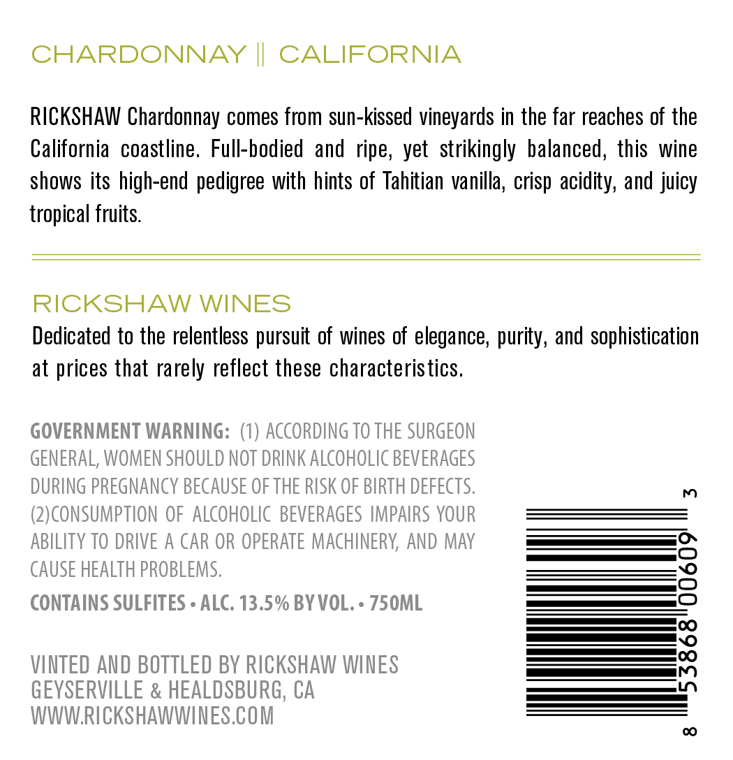 2021 RICKSHAW Chardonnay Back Label